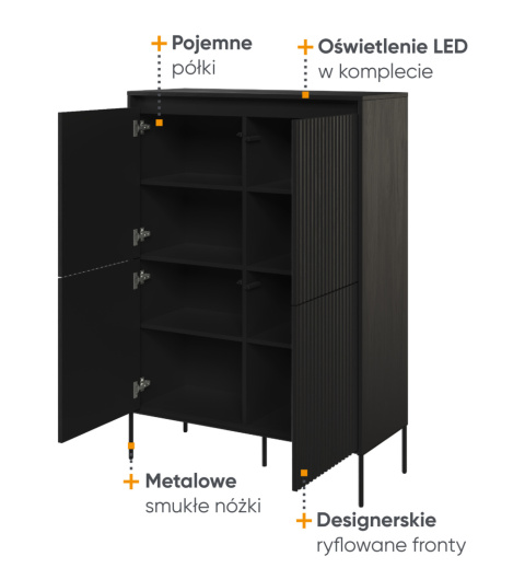 Funkcjonalna, czarna komoda z półkami, trend 03