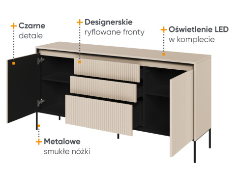 Komoda w kolorze beż piaskowy Trend 01 z ryflowanymi frontami