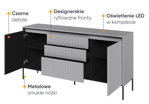 Szara komoda Trend 01 z ryflowanymi frontami, loftowa komoda