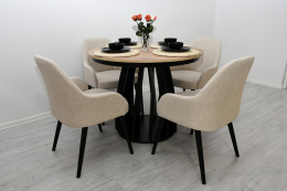 Okrągły, rozkładany stół na kolumnie STL 220 oraz tapicerowane krzesła K-80 z podłokietnikami
