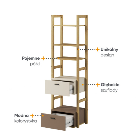 Regał Lenny, wąski regał LY 03, regał z półkami i szufladami.