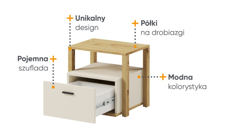 Stolik nocny Lenny, stolik beż / trufla / dąb artisan, stolik nocny z szufladą