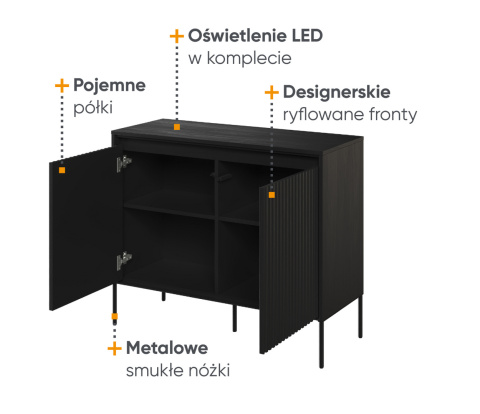 Mała, elegancka czarna komoda z półkam, trend 02.