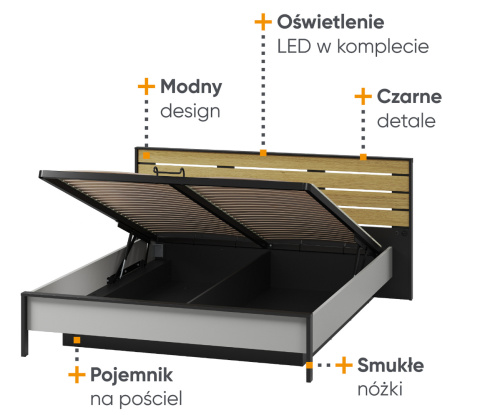 Loftowy zestaw mebli do sypialni Gris z oświetleniem