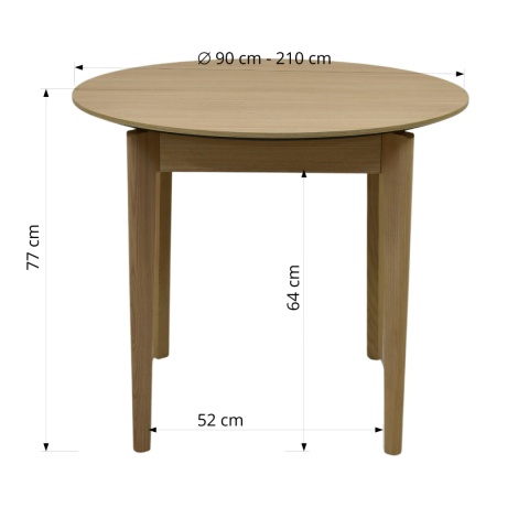 Rozkładany, okrągły stół DPL 05 fi 90 do 210 cm jasny dąb oraz krzesła Luna 1 Rozkładany, okrągły stół DPL 05 fi 90 do 210 cm jasny dąb oraz krzesła Luna 1