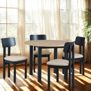 Rozkładany, okrągły stół Poli 4 oraz 4 krzesła Divo 2