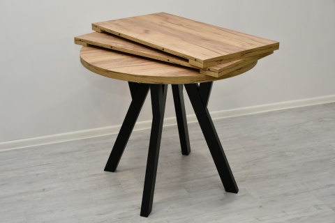 Loftowy, okrągły stół Jaga fi 100 cm rozkładany do 200 cm, blat dąb kraft złoty / nogi czarne