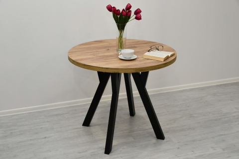 Loftowy, okrągły stół Jaga fi 100 cm rozkładany do 200 cm, blat dąb kraft złoty / nogi czarne