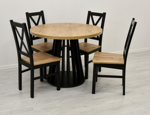 Loftowy, okrągły stół Lamel fit oraz krzesła Krzyżak