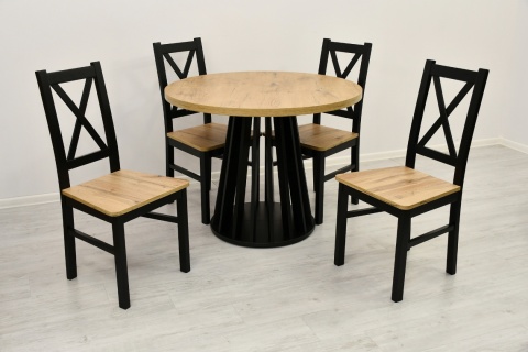 Loftowy, okrągły stół Lamel fit oraz krzesła Krzyżak