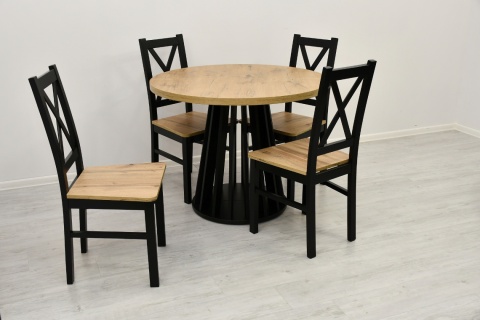 Loftowy, okrągły stół Lamel fit oraz krzesła Krzyżak